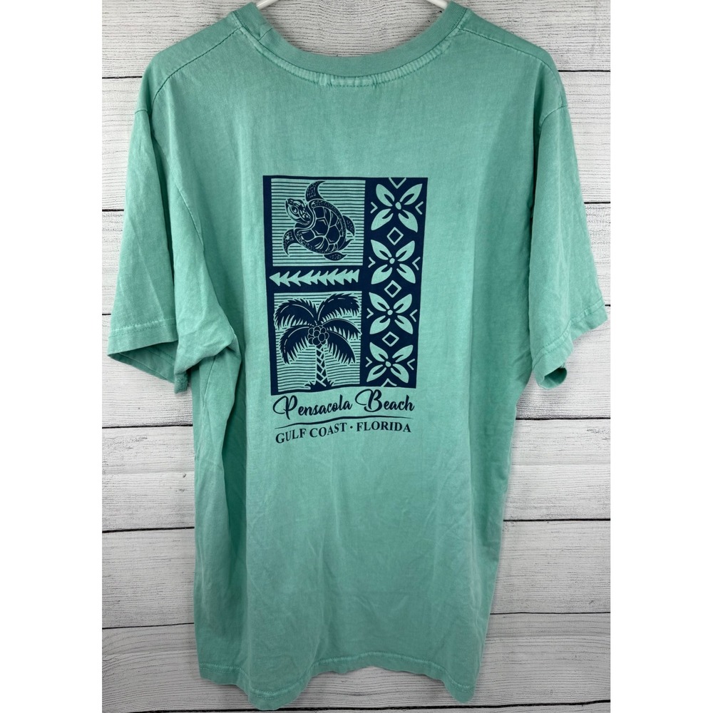 US Vintage‎ Pensacola Beach Florida T-Shirt Mens Large Seafoam Green Sea Turtle